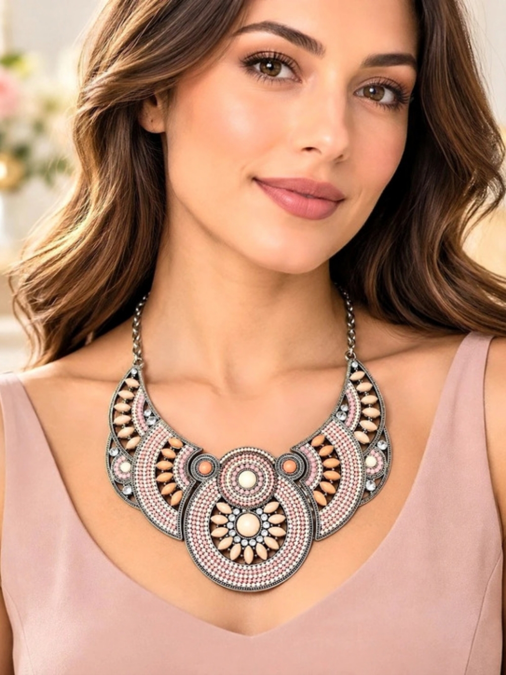 Statement Bib Necklace in Pink & Silver Like New